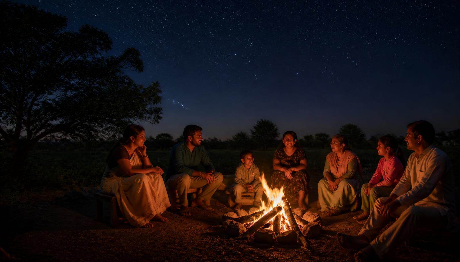 Family around a bonfire under a starry sky at the farm