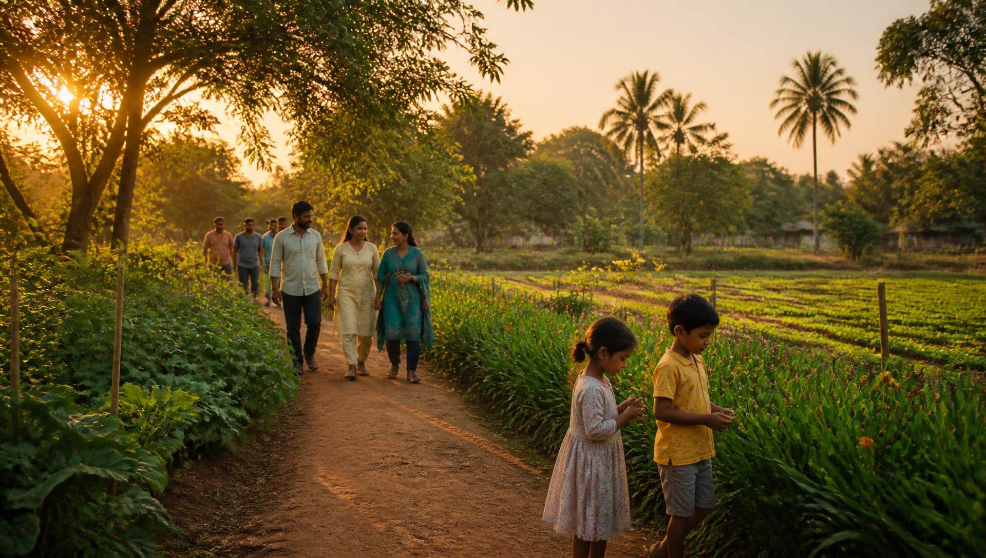 Sunrise over green farmland at Ananda Kshethram with families walking a rural pathway